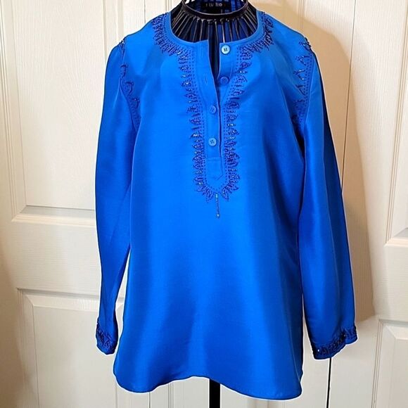 STUDIO G Raw Silk Blouse Peacock Blue Size 6 - Picture 1 of 9